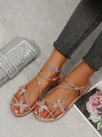 New Summer Collection: Casual and Fashionable Women's Outdoor Flat Beach Sandals with Glass Rhinestones and a Crossed Bow, Round Toe, and Slip-On Design